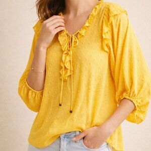 Anthropologie Haida Swiss Dot Ruffle Peasant Blouse Mango Yellow M